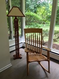 Cherry Tree Design lamp and Hal Taylor hand-made, signed curly maple rocking chair