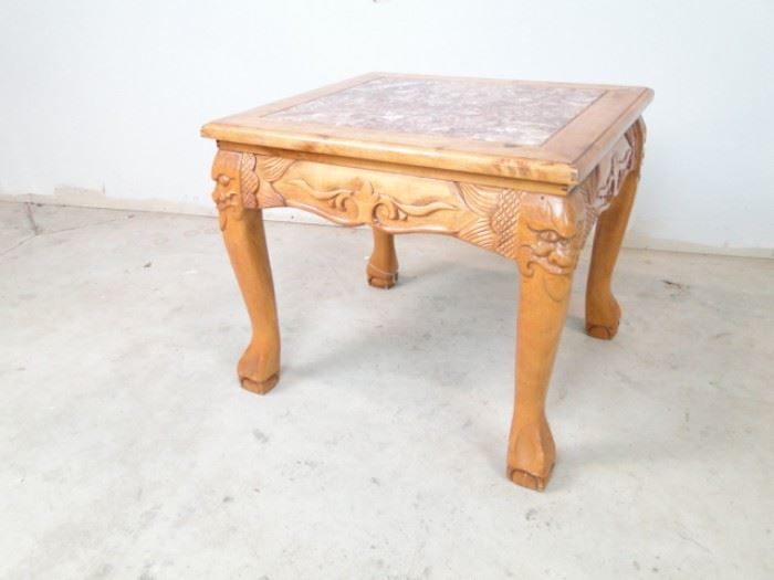 Carved Wood Stonetop Clawfoot End Table