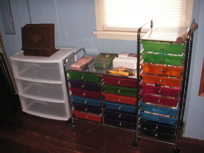 Storage drawers; one on right is full of sewing items (this one sold all together)