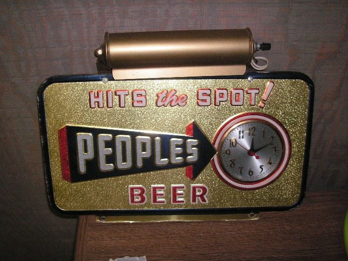 Peoples Beer sign, clock, light