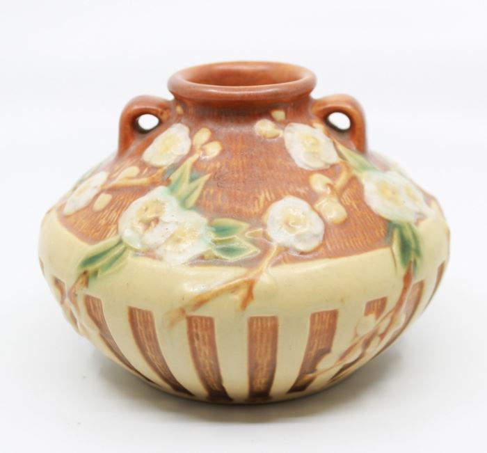 Roseville "Cherry Blossom" Double-Handled Squat Vase