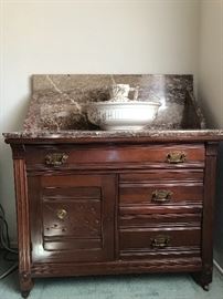 Antique Dry Sink/Wash Stand Victorian Eastlake on wheels w/ marble top.  They don't make them like this any more. Great Storage