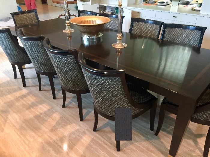 10. Knoll Jeffries Custom Oak Dining Table w/ Satinwood Inlay Espresso Finish (10' x 42'')                     9. 10 Ebony Wood Upholstery Dining Chairs (22'' x 24'' x 36'')