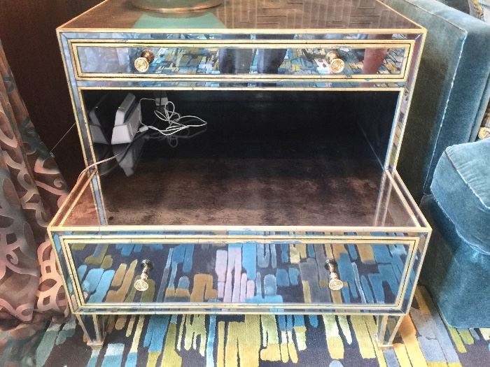 14. Antiqued Glass 2 Drawer Side Table w/ Gilded Wood Trim (32'' x 36'' x  30'')