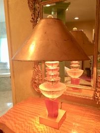 20. Pair of Rose Acrylic Table Lamps w/ Gold Base & Gold Leaf Shade (38'')