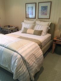 39. Queen Ultrasuede Celadon Upholstered Bed w/ Ultrasuede Patchwork Bedding 