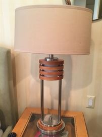 45. Chrome & Wood Contemporary Table Lamp w/ Silk Shade (31'')