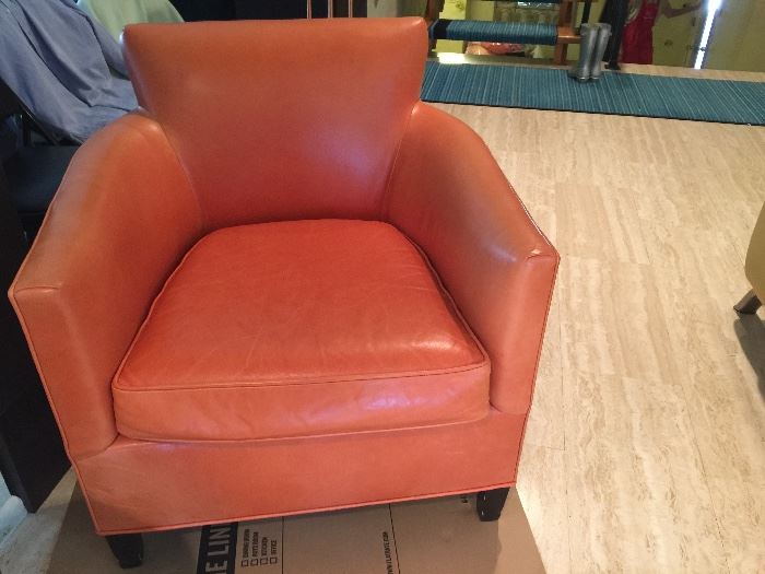 128. Crate & Barrel Orange Leather Club Chair (32'' x 32'' x 36'')