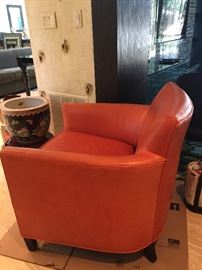 128. Crate & Barrel Orange Leather Club Chair (32'' x 32'' x 36'')