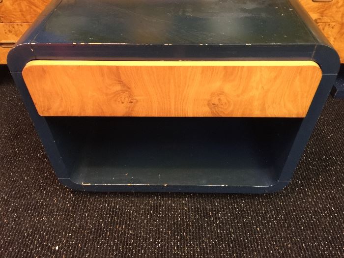 68. Philip Daniels Navy Lacquer Console and Pair of Nightstand w/ Burl Wood Drawers