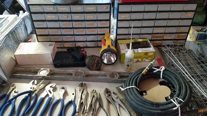 tools, hoses, parts cabinets