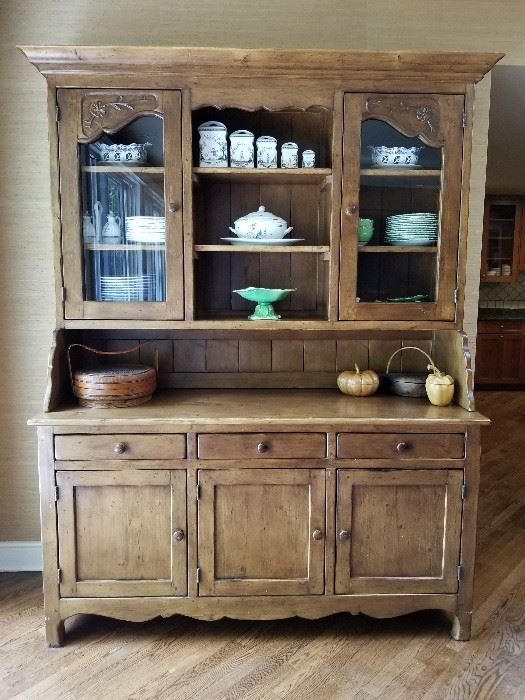 Large Hutch w/ 2 glass doors and hard carved floral detail	73w x 22d x 90h