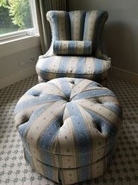 Slipper chair in stripe fabric w/ tufted ottoman	34w x 36d x 34h (17sh) Ottoman: 30dia x 18h
