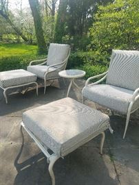 4 Armchairs with 2 ottomans	Chairs: 28w x 33d x 38h (19sh),	25sq x 18h (ottoman)     3 round side tables	19.5dia x 22h