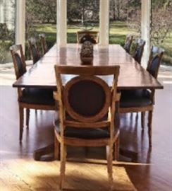 New Classics Dining Room Table	124long  x 48w x 29h (incl 2-20"leaves)
8 Minton Spidell Dining Chairs w/ brown upholstery and oval backs	side: 22x19x37 (19sh)                       
arm: 23x20x37 (19sh)