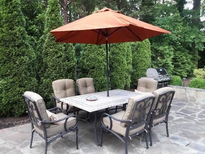 Martha Stewart outdoor furniture seating for six with umbrella and Weber gas grill