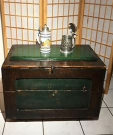 Vintage Wood Tool Chest with drawers and wheels. Great industrial piece!