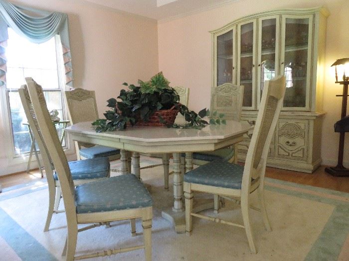 Stanley dining room suite with leaf; 6 chairs, china hutch and buffet (not shown) Table has a marble top that can be removed. Beautiful!  