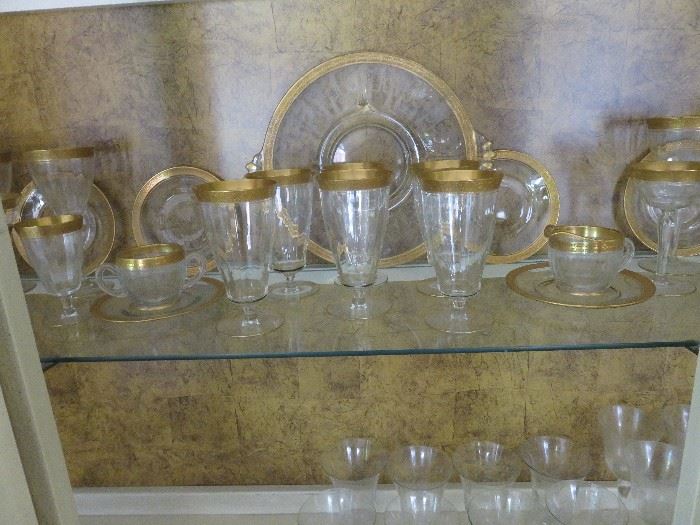 Beautiful faux gold glassware set - water glasses, wine glasses, plates, sugar and creamer
