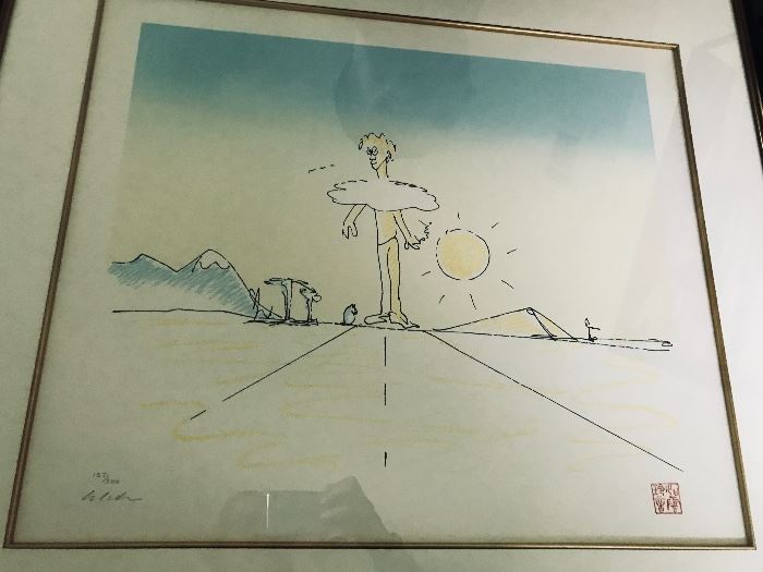 The artwork of John Lennon. "Peace on Earth" by John Lennon. Signed. Number 187 of 300.  Price $2,000 ---- John has drawn himself larger than life: his head in the clouds. In such a state of euphoria he can rise above everyday distractions and distance himself from earthly cares. With his feet still firmly planted on the ground, he has achieved nirvana ... a sense of peace floats round him like a mantle. The world is how it should be, pure and free of hatred.