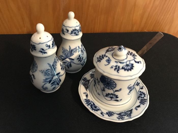 Blue Danube: [left] salt & pepper (pair $35) ... [right] jelly / jam w/ lid and under plate (includes spoon) ($20)