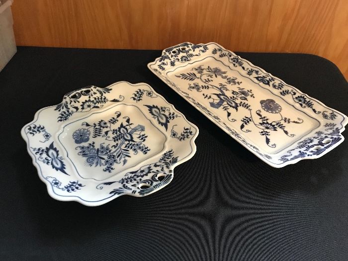 Blue Danube: [left] square cookie plate w/ holders ($40) ... [right] large sandwich tray ($110)