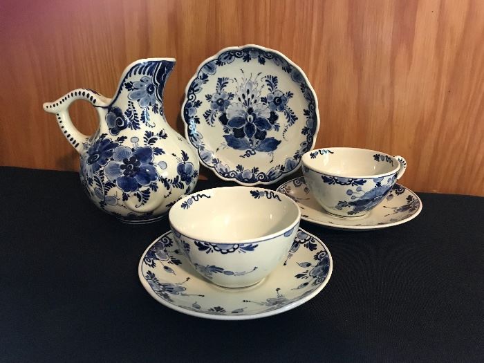 Vintage Delft blue & white hand-painted pitcher, 2 cups and saucers and plate. Holland. 