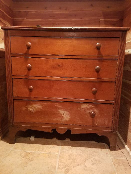Early Cherry 4 Drawer Chest featuring beaded lip, dovetailed drawers, and scalloped base, c.1840
