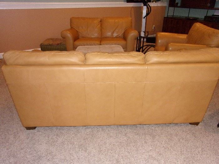 Leather sofa/couch, loveseat and distressed chair...nailhead trim ottoman and end table