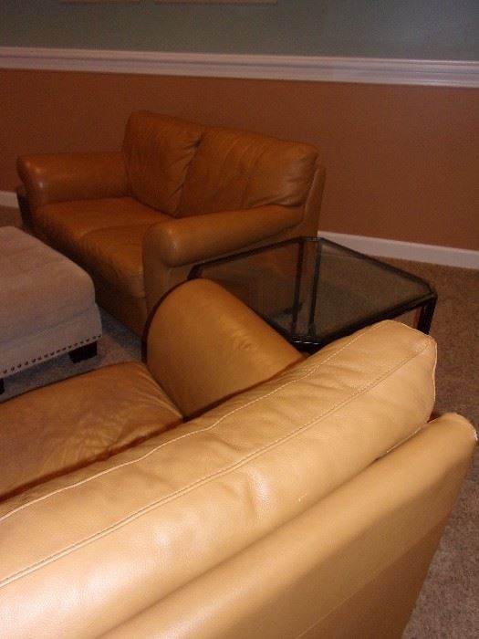 Leather sofa/couch, loveseat and distressed chair...nailhead trim ottoman and end table