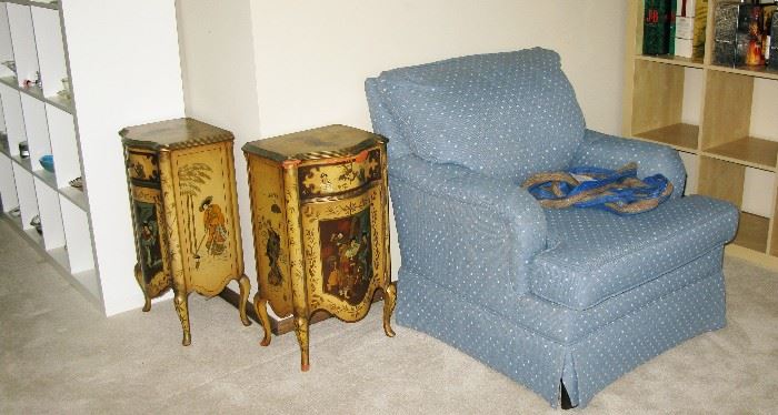 Pair of Asian tables  BUY THEM NOW  $ 85.00 EACH Bassett blue chair  BUY IT NOW $ 55.00