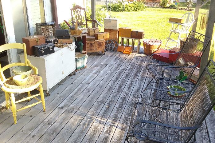 vintage crates, boxes, iron outdoor patio set