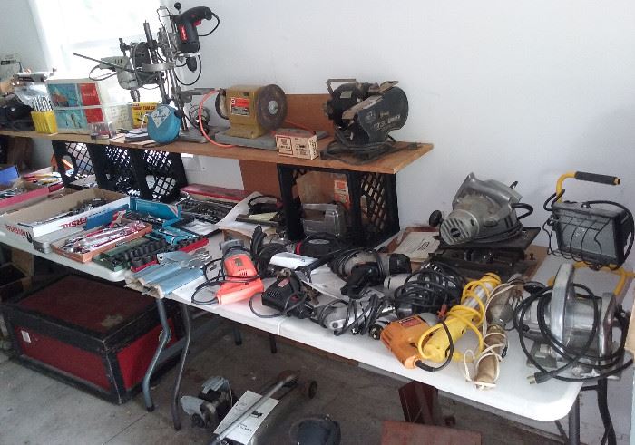 drill press, bench grinder, circular saws, drills, sanders, shop llights, impact sockets, wrenches