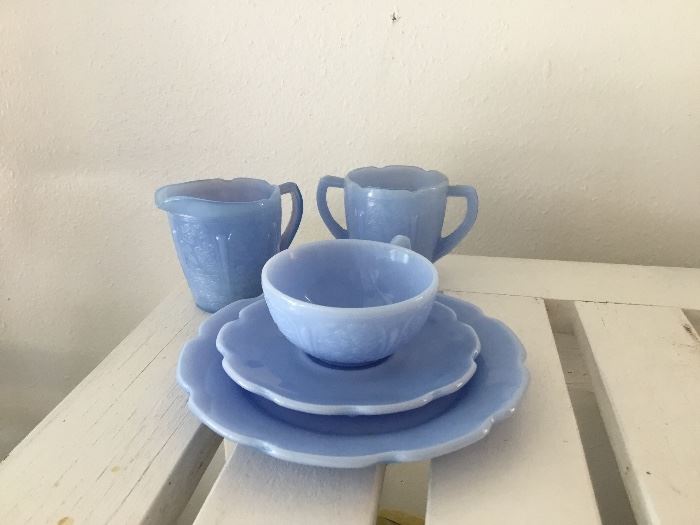 Jeanette Blue Delphine Cherry Blossom. 14 pieces 1 chipped cup 