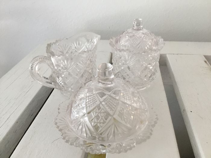 Early American Pressed Glass child’s butter dish and creamer and sugar 