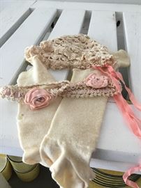 Vintage wool baby socks garters with roses and bonnet