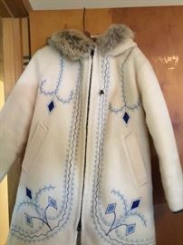 Vintage 70s Hudson Bay coat.  Embroidered with fur.  Boho warm!