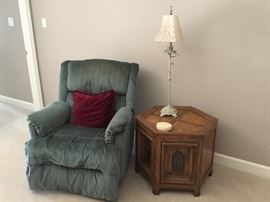 Recliner, end table and lamp