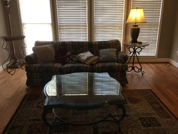 Sofa, tables, lamp, glass top coffee table