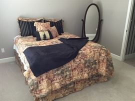 Queen bed, bedding and stand mirror