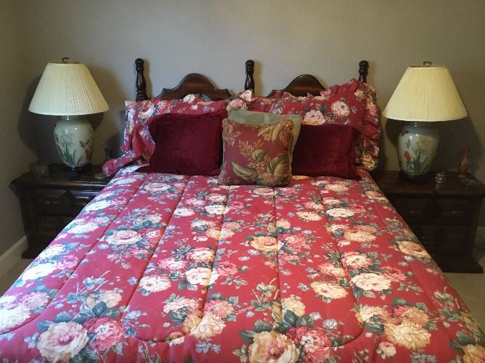 Queen size bed, bedside tables, (2) and lamps. Bedding also for sale