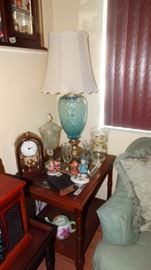 MID CENTURY BLUE DIAMOND GLASS LAMP, AND MISCELLANEOUS COLLECTIBLES.