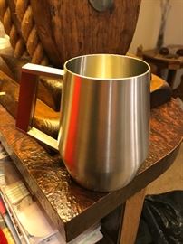 mid century stainless and wood mugs
