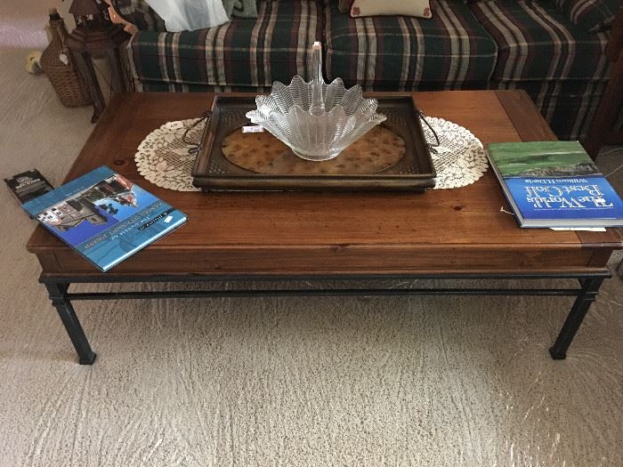 Metal & Wood Coffee Table, Metal & Glass Tray; Glass Basket