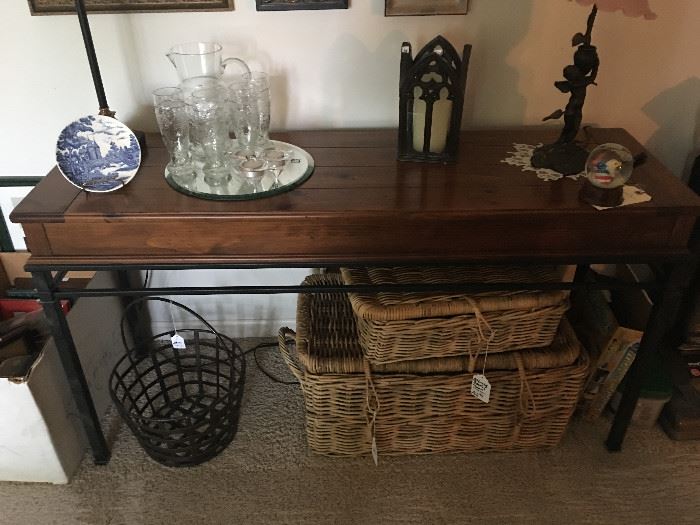 Metal & Wood Sofa Table w/Egg Basket & Wicker Baskets + Knickknacks