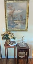 Oil painting, wood plant stand and small wood table