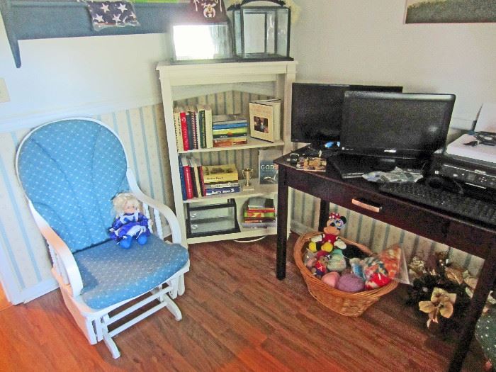Slide rocker. white shelf unit (matches other pieces in room), console table  with TV's and printer