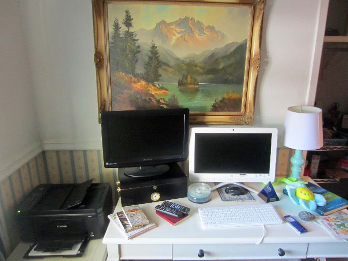 White computer desk, HP All-In-One computer, oil painting and printer
