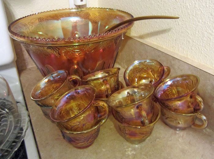 Iridescent (Carnival glass) punch bowl set