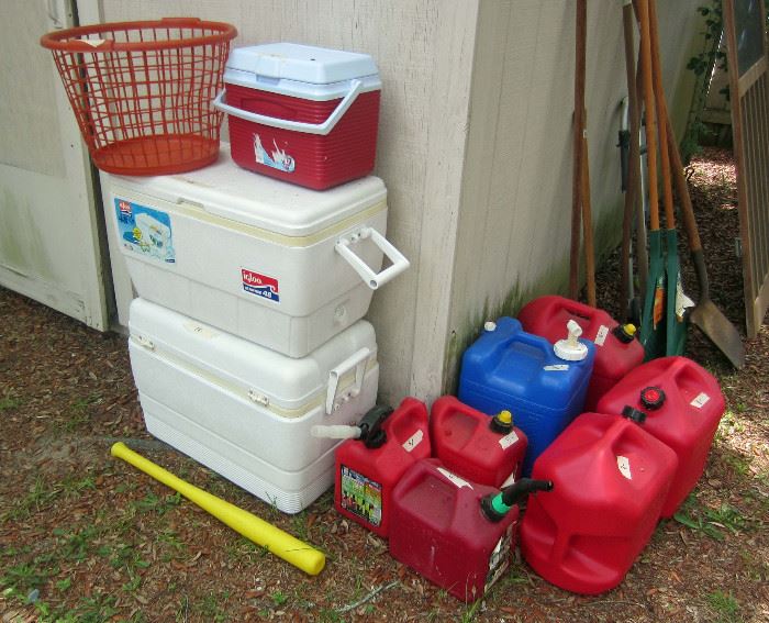 Coolers and gas cans and garden tools